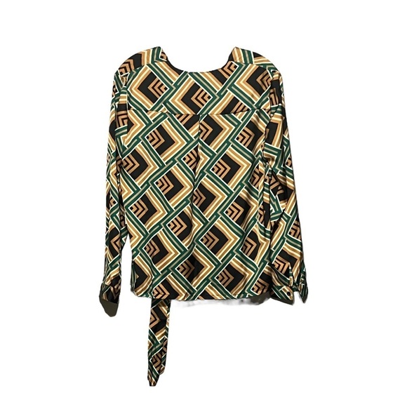 Drew Vienna Blouse Abstract Green Geometric Lightweight Relaxed Fit Wrap Tie Top - Picture 5 of 9